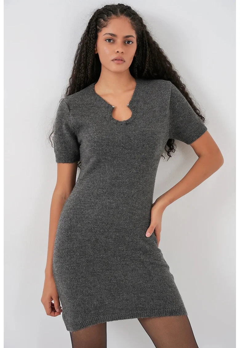 Rochie tricotata,  mini bodycon, detalii accesorii, gri carbune, tricot,