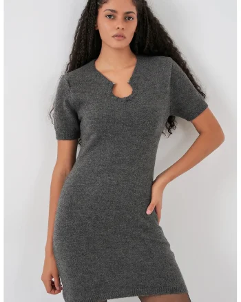 Rochie tricotata,  mini bodycon, detalii accesorii, gri carbune, tricot,