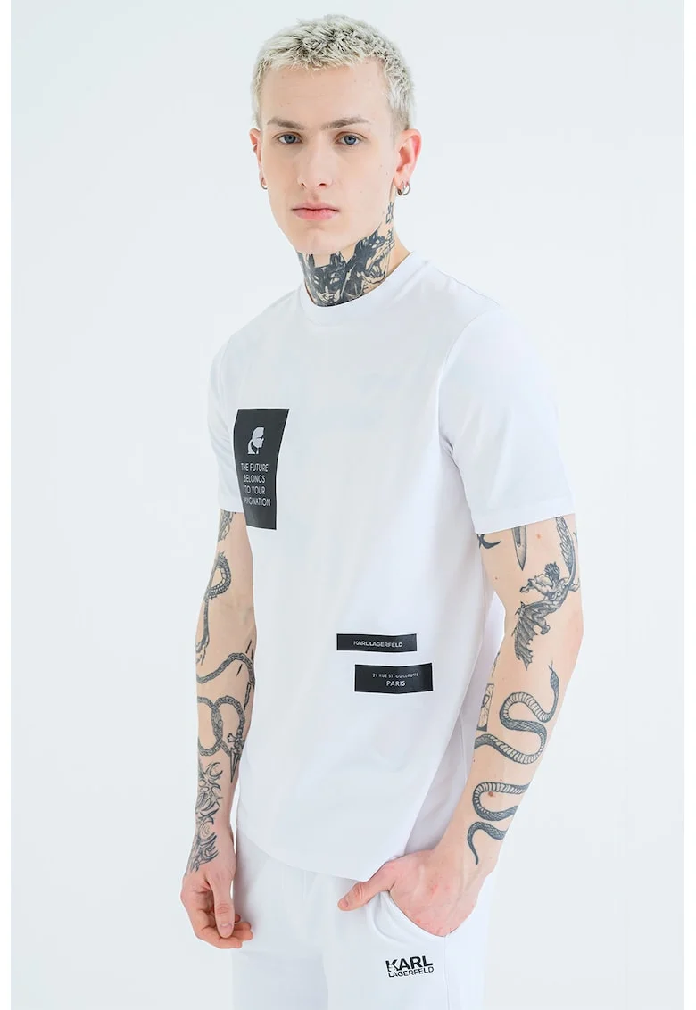Tricou cu decolteu la baza gatului si imprimeu, Alb/Negru