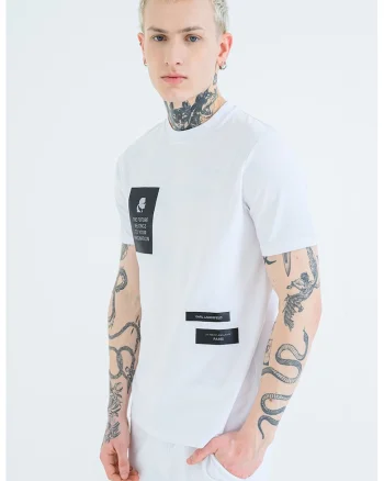 Tricou cu decolteu la baza gatului si imprimeu, Alb/Negru