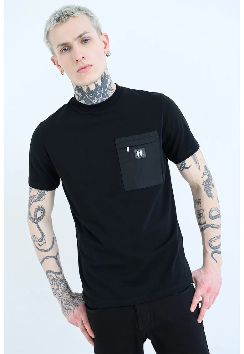 Tricou de bumbac cu buzunar cu fermoar, Negru