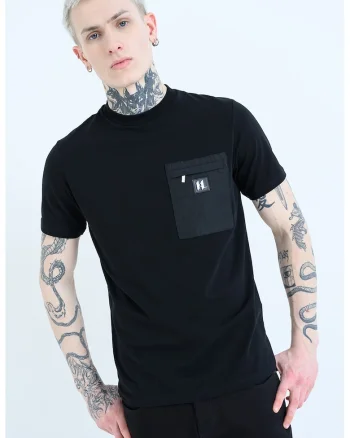 Tricou de bumbac cu buzunar cu fermoar, Negru