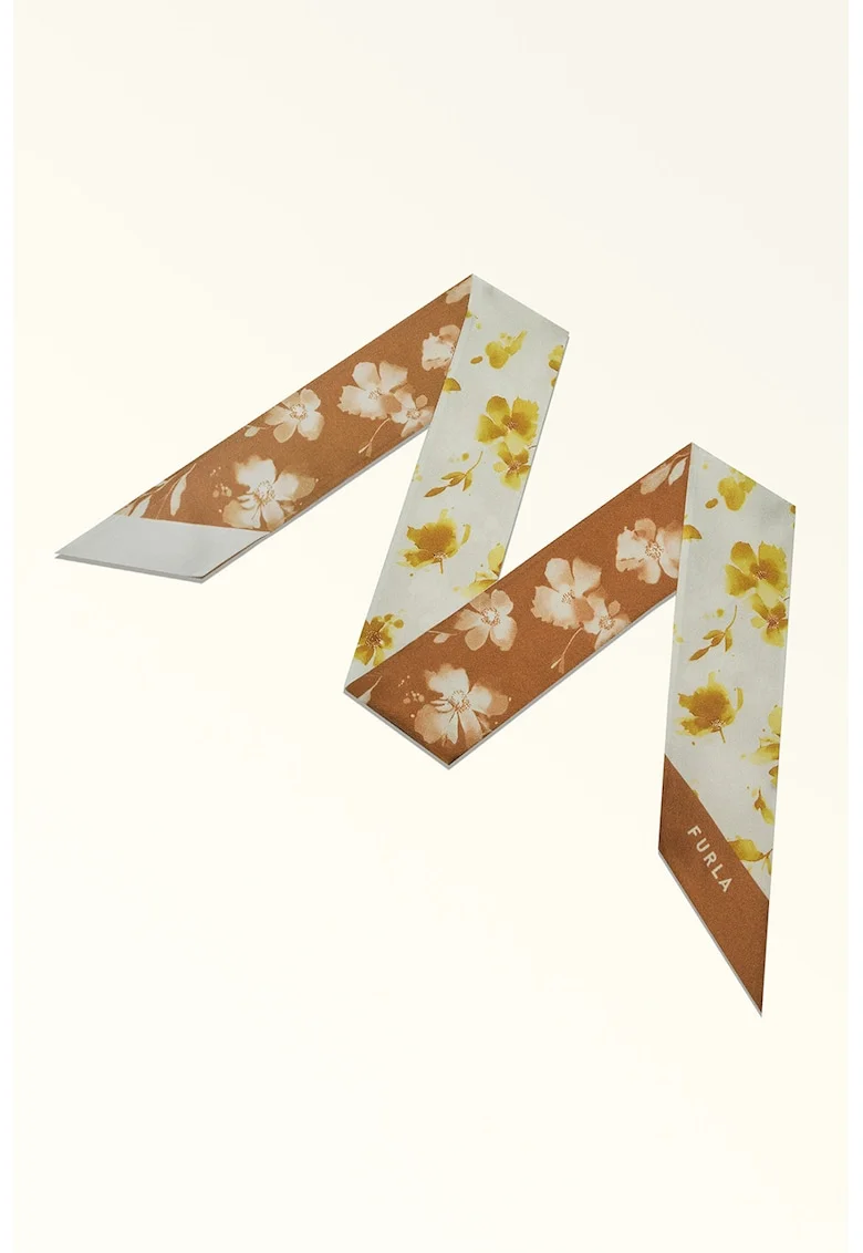 Esarfa de matase cu model floral, Maro/Galben/Bej