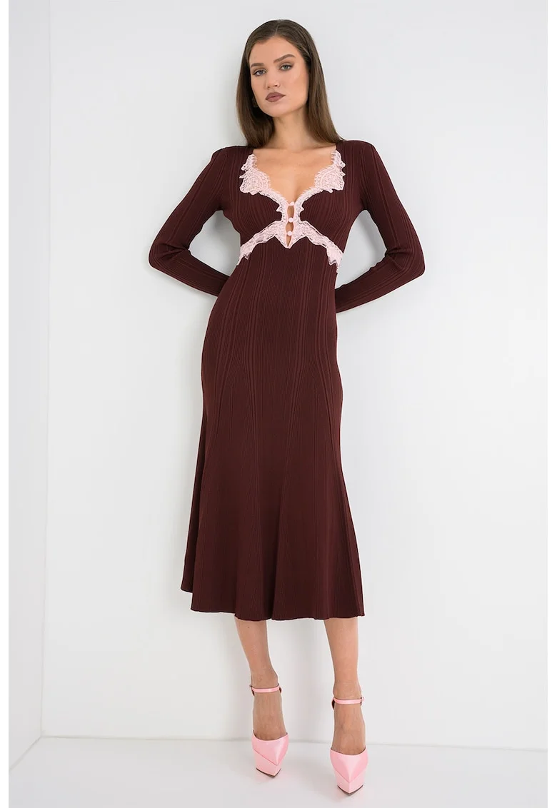 Rochie midi striata cu garnituri din dantela, Visiniu