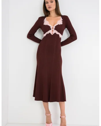 Rochie midi striata cu garnituri din dantela, Visiniu