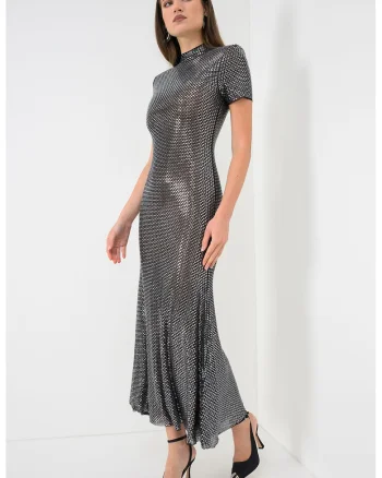 Rochie cu croiala pe bie si decorata cu strasuri, Argintiu