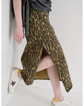 Fusta asimetrica cu slit lateral adanc si model animal print, Kaki/Ocru
