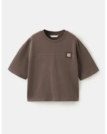 Tricou de bumbac cu decolteu la baza gatului, Maro
