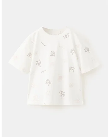 Tricou cu model tropical, Alb/Rosu inchis
