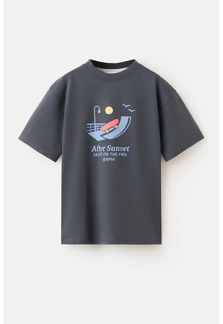 Tricou de bumbac cu imprimeu, Gri carbune