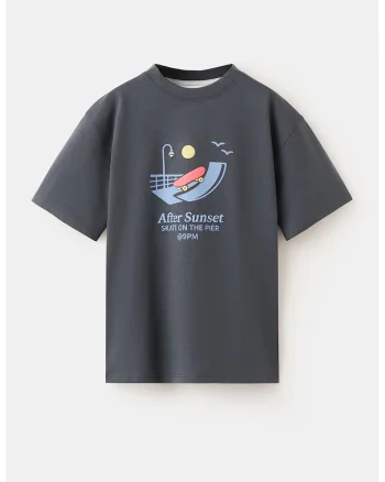Tricou de bumbac cu imprimeu, Gri carbune