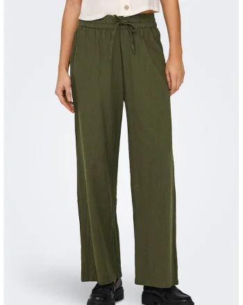 Pantaloni cu buzunare laterale si snur in talie, Verde masliniu
