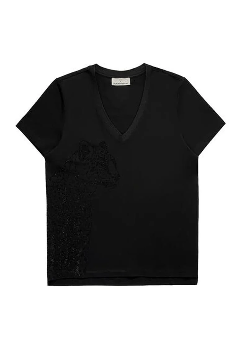 Tricou din amestec de bumbac cu decolteu in V, Negru