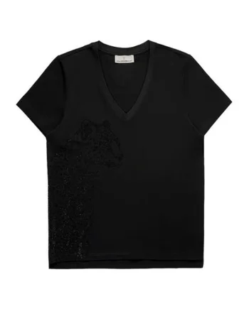 Tricou din amestec de bumbac cu decolteu in V, Negru