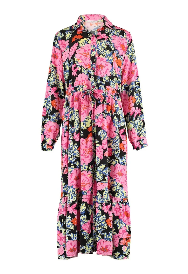 Rochie-camasa cu model floral, Albastru inchis/Roz aprins/Verde pal