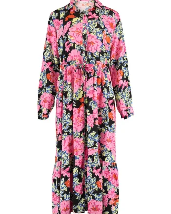 Rochie-camasa cu model floral, Albastru inchis/Roz aprins/Verde pal