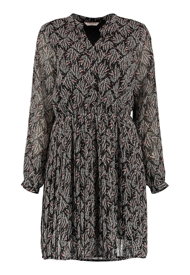Rochie vaporoasa cu guler tunica si decupaj in V, Maro cognac/Negru/Alb murdar