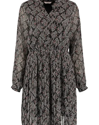 Rochie vaporoasa cu guler tunica si decupaj in V, Maro cognac/Negru/Alb murdar