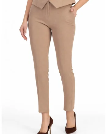 Pantaloni dama din stofa, conici, cu talie inalta si buzunare laterale, Bej