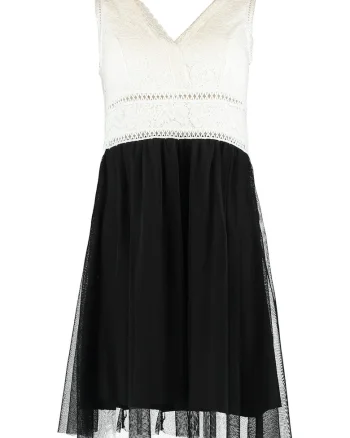 Rochie mini cu decolteu in V, Negru/Alb murdar
