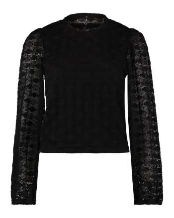 Bluza cu decolteu la baza gatului si maneci semitransparente, Negru stins