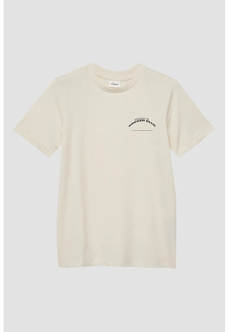 Tricou de bumbac cu decolteu la baza gatului, Crem