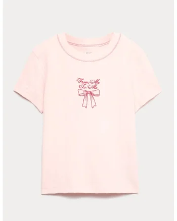 Tricou de bumbac cu funda brodata, Roz aprins/Roz pal