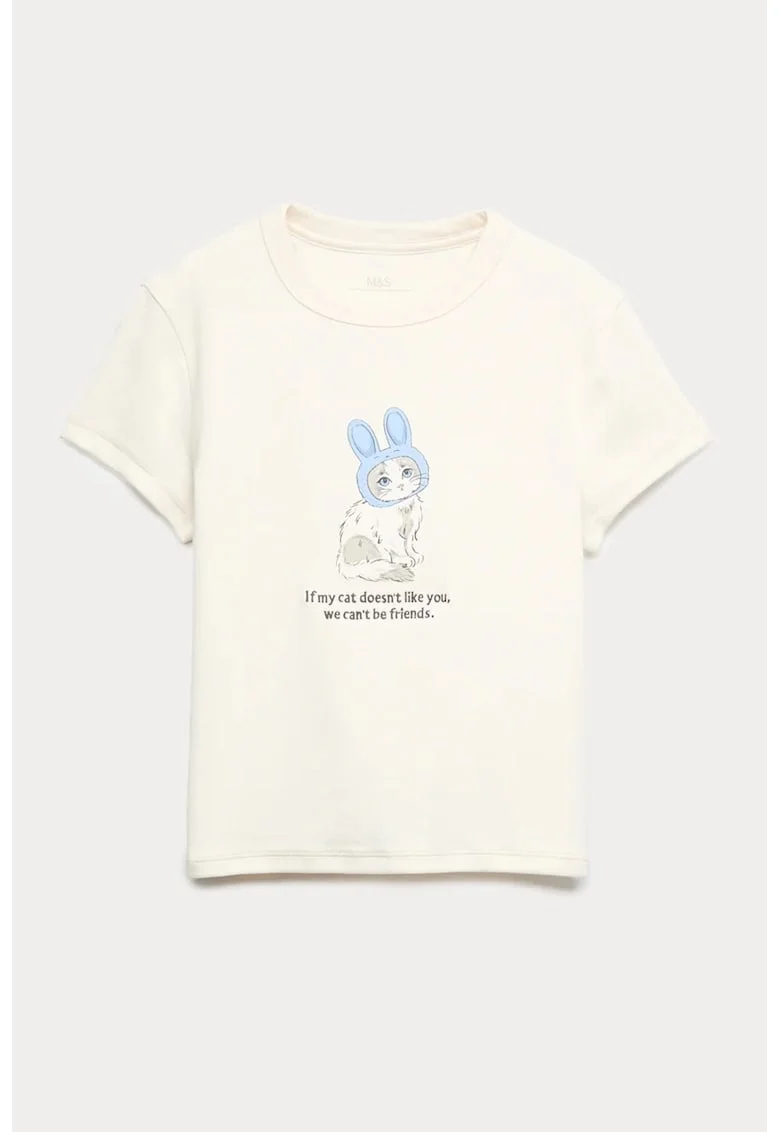 Tricou din amestec de bumbac cu imprimeu grafic, Alb fildes/Albastru azur