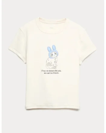 Tricou din amestec de bumbac cu imprimeu grafic, Alb fildes/Albastru azur