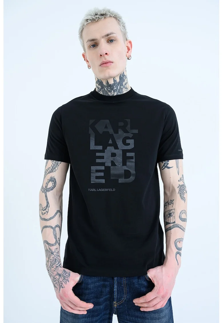 Tricou cu decolteu la baza gatului si imprimeu logo, Negru