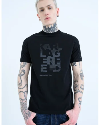 Tricou cu decolteu la baza gatului si imprimeu logo, Negru