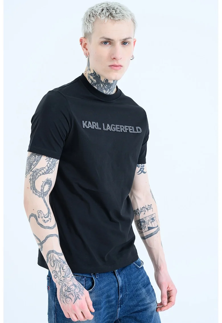 Tricou de bumbac cu aplicatie logo, Negru