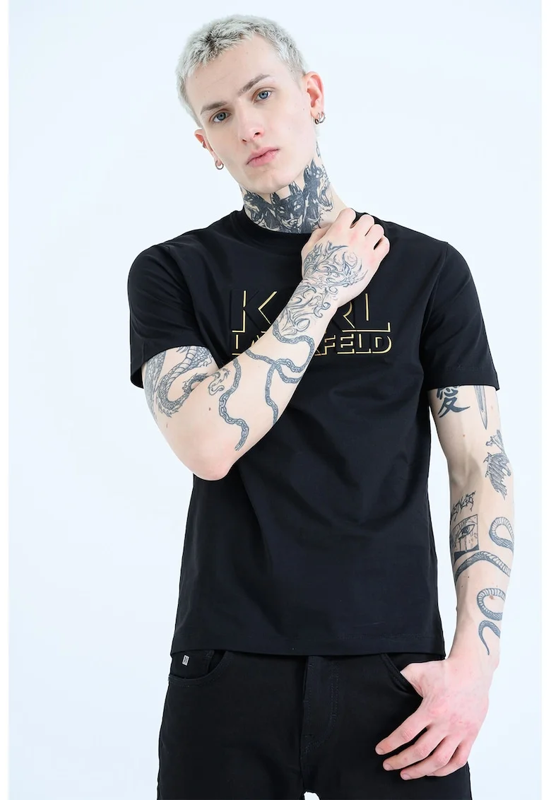 Tricou cu decolteu la baza gatului si imprimeu, Auriu/Negru