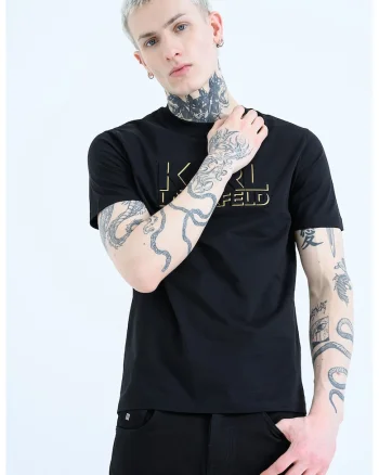 Tricou cu decolteu la baza gatului si imprimeu, Auriu/Negru
