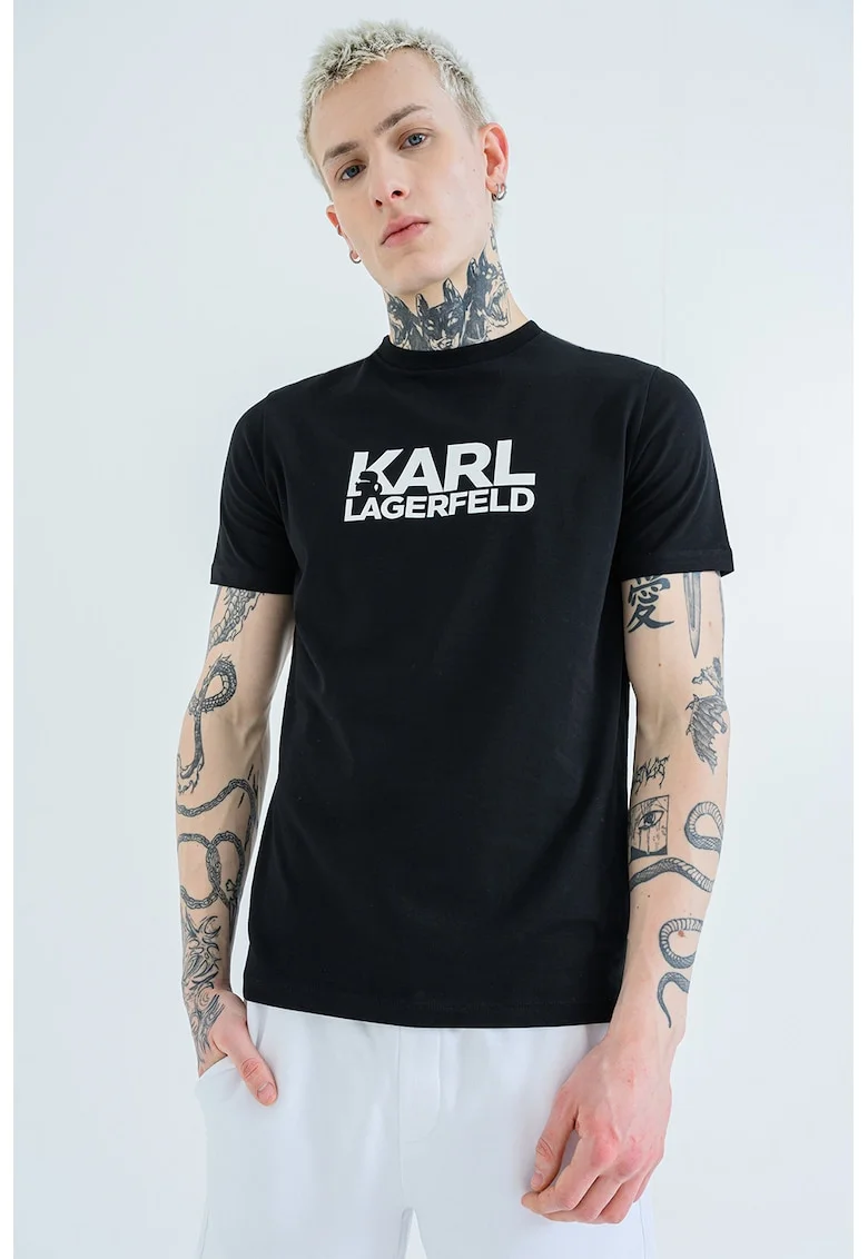 Tricou cu logo contrastant pe piept, Negru