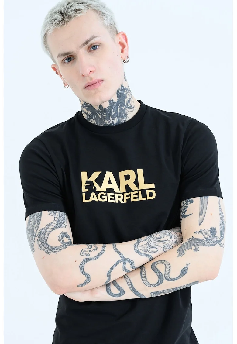 Tricou cu logo contrastant pe piept, Auriu/Negru