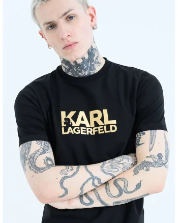 Tricou cu logo contrastant pe piept, Auriu/Negru
