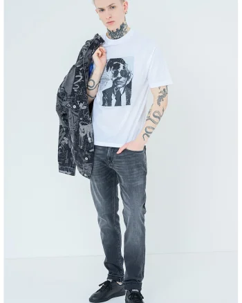 Tricou de bumbac cu impriemu grafic frontal, Alb/Gri cenusiu