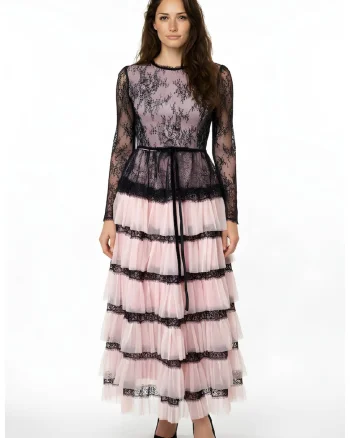 Rochie midi din dantela si tul Celena, Negru/Roz prafuit