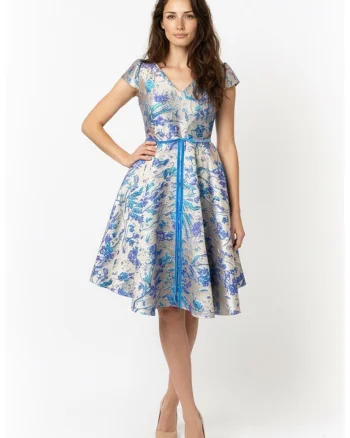 Rochie midi din brocart Carla, Albastru/Bej deschis