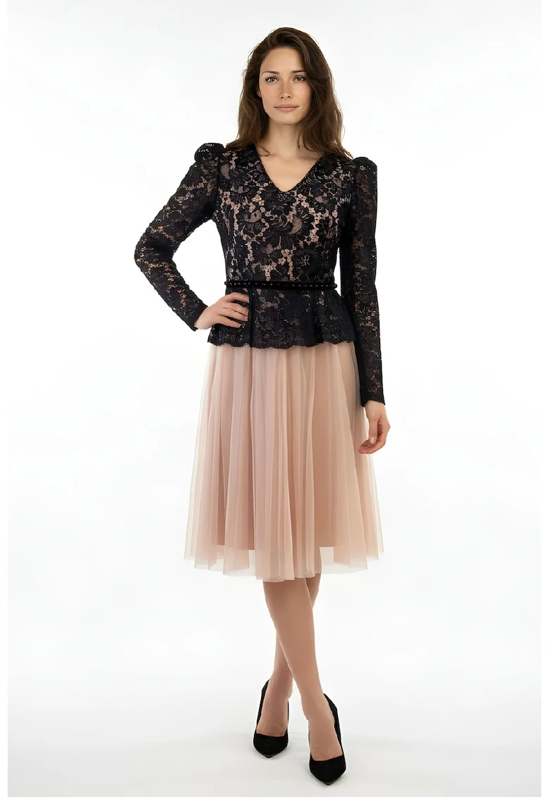 Rochie din dantela si tul cu aspect 2 in 1 Gemma, Negru/Bej