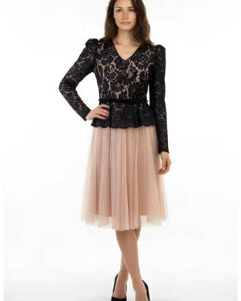 Rochie din dantela si tul cu aspect 2 in 1 Gemma, Negru/Bej