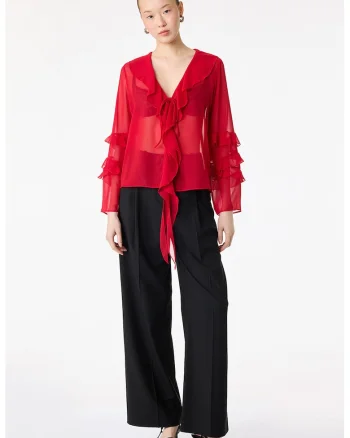 Bluza semitransparenta cu volane, Rosu