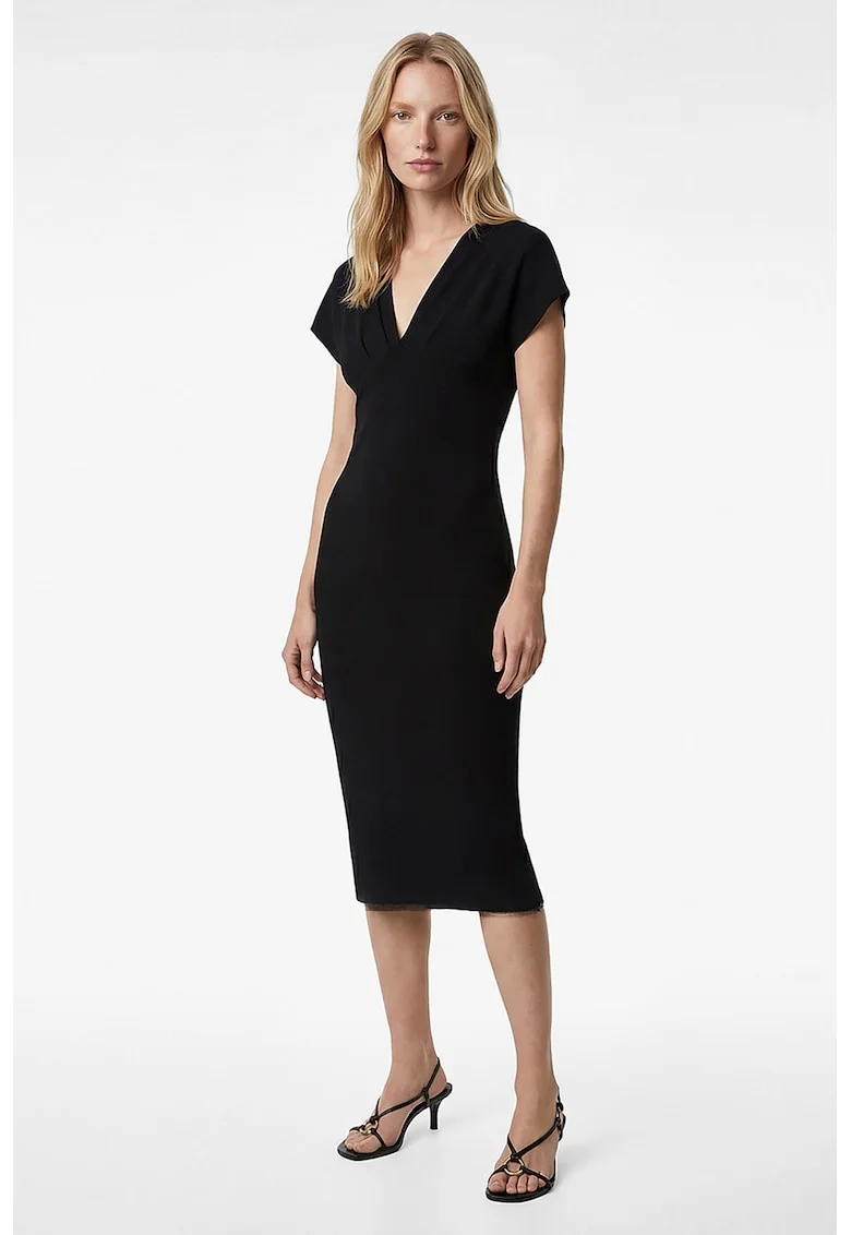 Rochie cu decolteu in V si maneci scurte, Negru