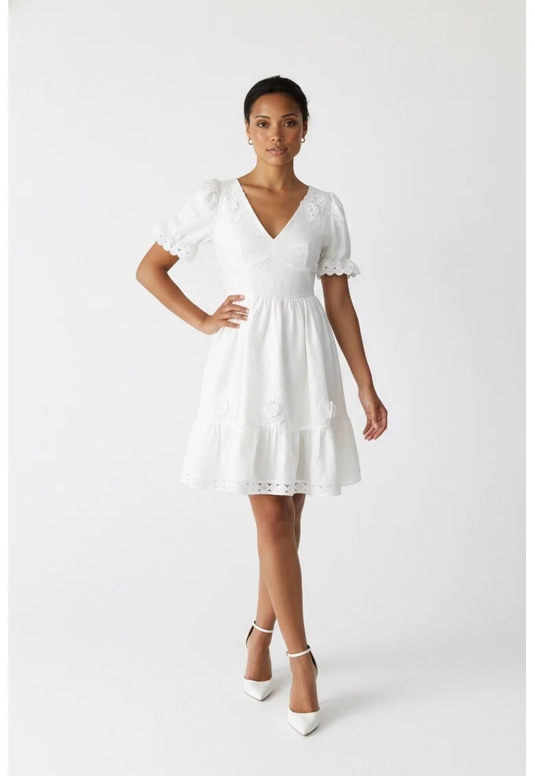 Rochie din in cu flori 3D aplicate Carolina, Alb