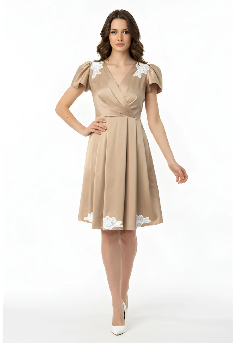 Rochie din bumbac satinat cu decolteu cache-cour Okino, Bej