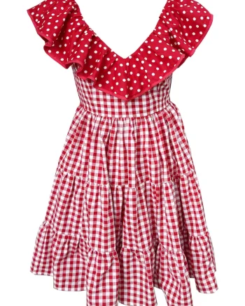 Rochie din poplin cu carouri si buline Minnie, Rosu