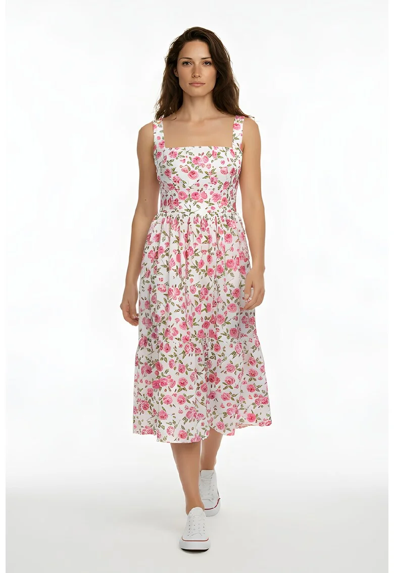 Rochie cu decolteu patrat si model floral Maxime, Roz