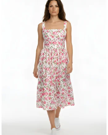 Rochie cu decolteu patrat si model floral Maxime, Roz