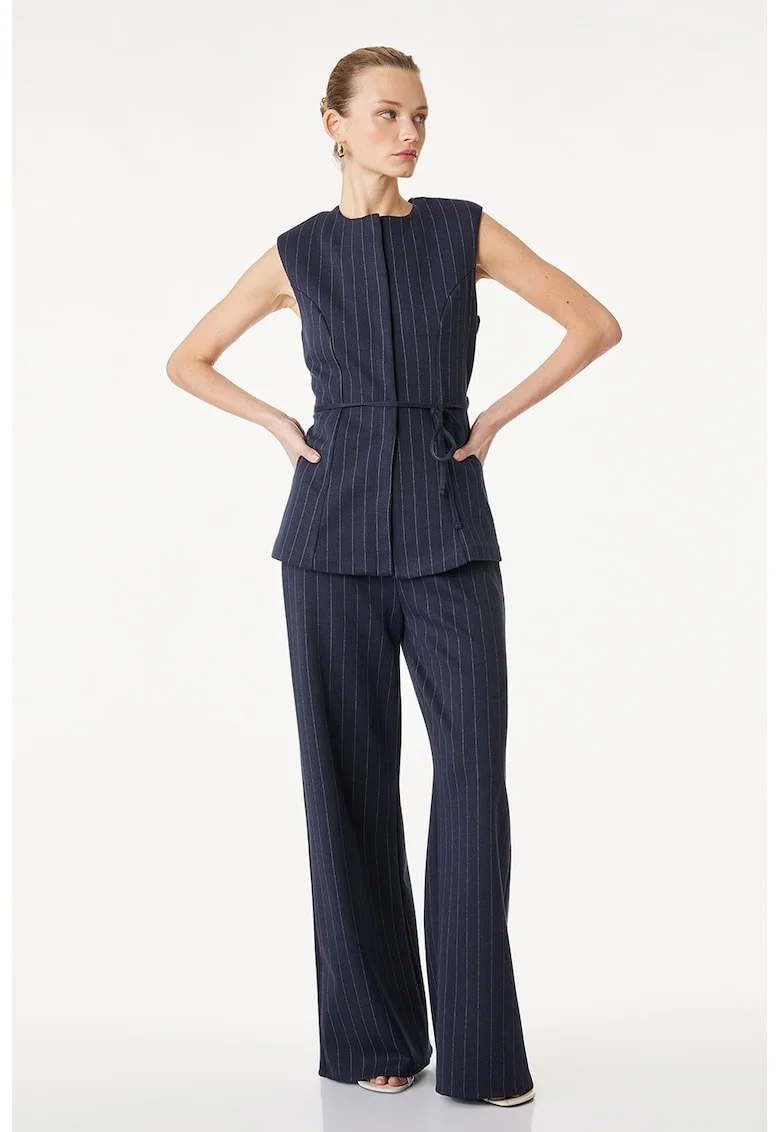 Pantaloni cu croiala ampla, model in dungi si talie elastica, Albastru inchis